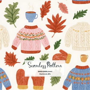 Puede incluir: Un patrón continuo con ilustraciones de suéteres en rosa, azul y crema, manoplas naranjas, hojas de otoño verdes y rojas, y tazas de bebidas calientes. La imagen incluye el texto Seamless Pattern 3600x3600 pixels Flattened JPG.
