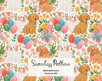 Birthday Dogs Seamless Pattern - Watercolor Puppy Bday Party | Fabric & Wallpaper Print Digital Paper JPG