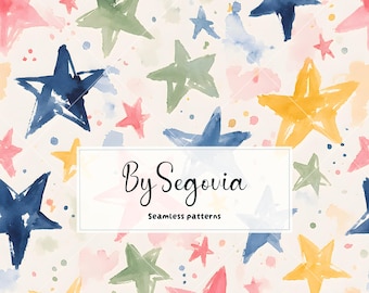 Watercolor Star Seamless Pattern | Pastel Celestial Digital Paper | Hand Painted Stars Pattern | Nursery Sky Background | Printable JPG
