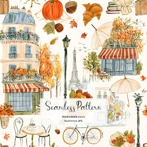 Puede incluir: Un patrón continuo con ilustraciones en acuarela de escenas callejeras parisinas, que incluye edificios con toldos a rayas, la Torre Eiffel, farolas, una bicicleta, cruasanes, una calabaza y hojas de otoño sobre un fondo de color crema.