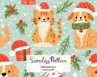 Christmas Pets Seamless Pattern | Cute Christmas Cats & Dogs Digital Paper | Holiday Animal Repeat  Scrapbook Pattern JPG