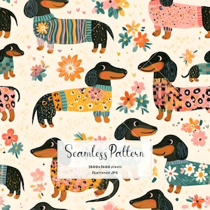 Tax sömlöst mönster | Söt korvhund digitalt papper | Blommigt hundtröjatryck | Doxie tygdesign JPG