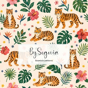 Tiger Jungle Seamless Pattern | Tropical Animal Digital Paper | Watercolor Tiger Pattern | Safari Nursery Background Exotic Wildlife Design
