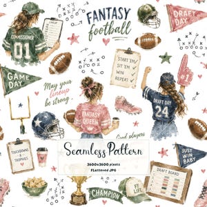 May include: A seamless pattern featuring watercolor illustrations of fantasy football elements including people in jerseys, footballs, helmets, clipboards with text, pennants, a trophy, and play diagrams. The design includes text like Fantasy football, Draft Day, and Champion.