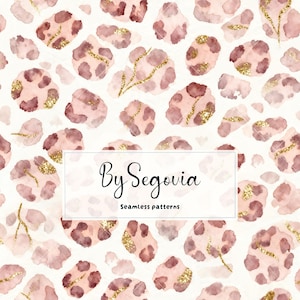 Patrón sin costuras de leopardo rosa / Papel digital con estampado animal en tono rubor / Estampado de guepardo dorado / Diseño de tela de acuarela de lujo JPG