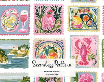 Watercolor Coastal Postage Stamp Seamless Pattern | Mediterranean Travel Fabric & Wallpaper Print | Vintage Digital Journal Paper JPG