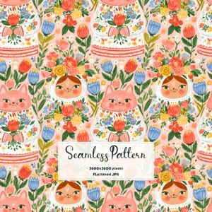 Könnte beinhalten: Ein nahtloses Muster mit wiederkehrenden Illustrationen von rosa Katzen und menschlichen Gesichtern mit Blumenschmuck auf hellrosa Hintergrund. Der Text lautet Seamless Pattern 3600x3600 pixels Flattened JPG.