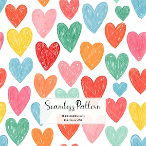 May include: A seamless pattern featuring hand-drawn style hearts in various colors including red, pink, yellow, orange, blue, and green on a white background. A central white box contains the text Seamless Pattern 3600x3600 pixels Flattened JPG.