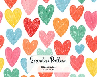 Watercolor Hearts Seamless Pattern | Colorful Heart Fabric Print | Cute Wallpaper Print | Valentine Digital Scrapbook Journal Paper JPG