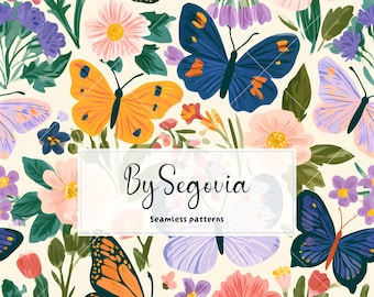 May include: A seamless pattern featuring colorful butterflies in shades of orange, blue, and purple interspersed with various flowers on a cream background. A white rectangular overlay in the center displays the text By Segovia Seamless patterns.