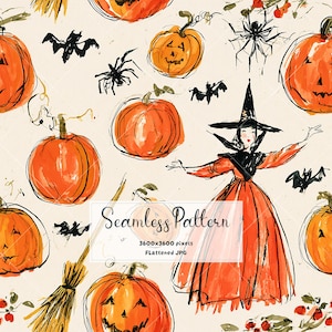 Halloween Witch Seamless Pattern | Watercolor Pumpkin Digital Paper | Spooky Cute Fall Print JPG | Autumn Fabric | Harvest Scrapbook Decor