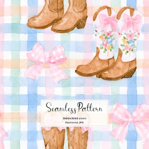 Cowgirl Boots Seamless Pattern | Pink Bows & Western Boots Pastel Gingham Digital Paper | Coquette Cowgirl Fabric | Cute Cowboy Print
