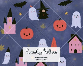 Purple Halloween Watercolor Minimal Seamless Pattern | Ghosts Pumpkins Witch Fabric & Wallpaper Print Spooky Digital Paper JPG