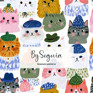 Può includere: Un motivo continuo con volti di gatti illustrati che indossano vari cappelli e maglioni in colori come rosa, arancione, verde, blu e grigio. Il testo By Segovia Seamless patterns è centrato sopra le illustrazioni ripetute dei gatti.