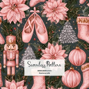 Può includere: Un motivo continuo con scarpette da danza rosa, schiaccianoci, stelle di Natale, calze natalizie, alberi argentati e palline su sfondo scuro. L'immagine include il testo Seamless Pattern 3600x3600 pixels Flattened JPG.