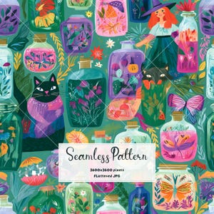 May include: A seamless pattern featuring a teal background with various glass jars containing colourful flowers, plants, and butterflies. A black cat with a purple scarf and a person in a witch hat are integrated among the jars. Text reads Seamless Pattern.