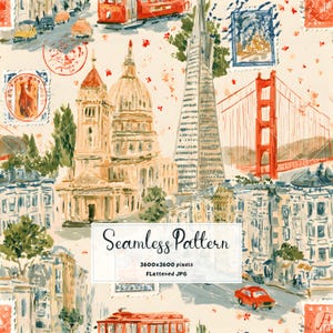 Könnte beinhalten: Ein nahtloses Muster mit Aquarell-Illustrationen von Wahrzeichen San Franciscos wie der Golden Gate Bridge, der Transamerica Pyramid und Cable Cars, durchsetzt mit Vintage-Briefmarken und roten Poststempeln auf cremefarbenem Grund.