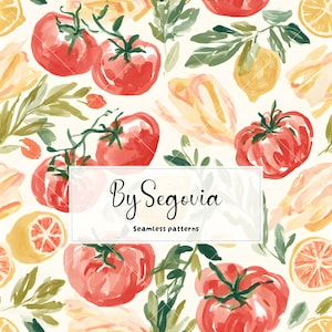 Akvarell tomat citron JPG sömlöst mönster, italienskt kök digitalt papper citrusfrukt tyg botanisk tapetdesign