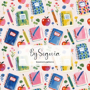 May include: A seamless pattern featuring hand-painted illustrations of spiral-bound notebooks, pencils, red apples, and small flowers on a light pink background. The text By Segovia Seamless patterns is centered in a white rectangular overlay.