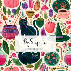 Hand Painted Witchy Cat Seamless Pattern JPG | Magical Botanical Digital Paper | Whimsical Halloween Scrapbook Print