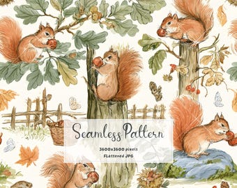 Watercolor Squirrel Seamless Pattern | Whimsical Woodland Animals Digital Paper | Autumn Forest Wallpaper Fabric Repeat Pattern JPG