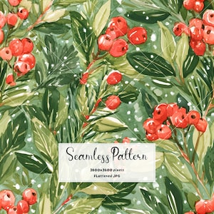 May include: A seamless pattern featuring watercolour illustrations of red berries and green leaves with white speckles. A white rectangular overlay in the centre displays the text Seamless Pattern, 3600x3600 pixels, and FLattened JPG.