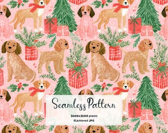 Christmas Dogs Seamless Pattern | Watercolor Holiday Puppies | Fabric & Wallpaper Print | Digital Paper JPG