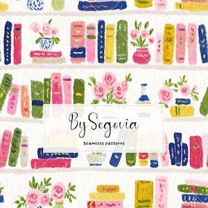Bookshelf Seamless Pattern | Book Lover Print | Library Pattern | Floral Book Wrapping Paper JPG | Reading Journal  Scrapbook Repeat Design