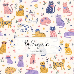 May include: A seamless pattern featuring various illustrated cats in different colours and poses, interspersed with small flowers, stars, and hearts on a cream background. The text By Segovia Seamless patterns is centred in a white box.