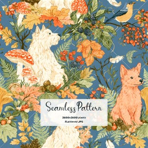 Sömlöst mönster med höstskogshund | Digitalt papper med vintageskogshund | Tygtryck med höstnatur | Scrapbook-papper med Cottagecore | JPG