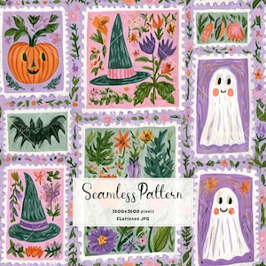 May include: A seamless pattern featuring rectangular postage stamp frames on a light purple background. The illustrations include orange pumpkins, green witch hats, white ghosts with pink cheeks, bats, and colorful floral arrangements. Text reads Seamless Pattern 3600x3600 pixels Flattened JPG.