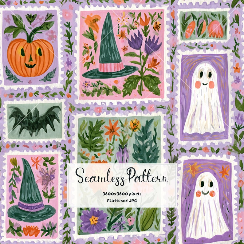 May include: A seamless pattern featuring rectangular postage stamp frames on a light purple background. The illustrations include orange pumpkins, green witch hats, white ghosts with pink cheeks, bats, and colorful floral arrangements. Text reads Seamless Pattern 3600x3600 pixels Flattened JPG.
