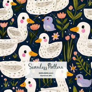 Könnte beinhalten: Ein nahtloses Muster mit weißen Enten mit orangefarbenen Schnäbeln und rosa Wangen, kleinen violetten Vögeln und rosa Blumen auf dunkelblauem Grund. Das Bild enthält den Text Seamless Pattern 3600x3600 pixels Flattened JPG.