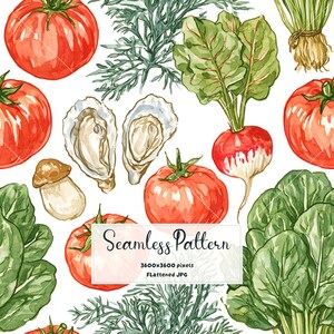 May include: A seamless pattern featuring watercolor illustrations of red tomatoes, green leafy vegetables, white oyster shells, and brown mushrooms. The center includes text that reads Seamless Pattern 3600x3600 pixels FLattened JPG.