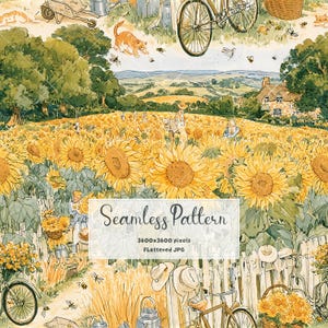 May include: A seamless pattern illustration featuring a vast field of yellow sunflowers, a white picket fence, bicycles, an orange cat, and a stone cottage. The design includes text that reads Seamless Pattern 3600x3600 pixels Flattened JPG.