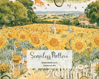 Sunflower Field Seamless Pattern | Watercolor Cottagecore Digital Paper | Summer Farm Fabric Print | Rustic Floral JPG Design