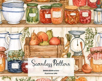 Watercolor Pantry Shelf Seamless Pattern | Farmhouse Kitchen Vintage Pickles Digital Paper | Canning Jars & Preserves Repeat Print JPG