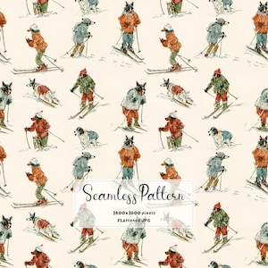 May include: A seamless pattern featuring watercolor-style illustrations of dogs wearing winter clothing and skiing on snow. The repeating design includes text that reads Seamless Pattern 3600x3600 pixels FLattened JPG.