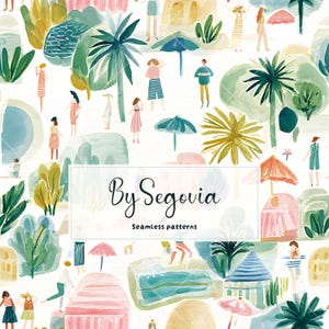 May include: A seamless pattern featuring a watercolor illustration of a beach scene with palm trees, colorful umbrellas, and various figures. The text By Segovia Seamless patterns is centered in a white rectangular overlay on the design.