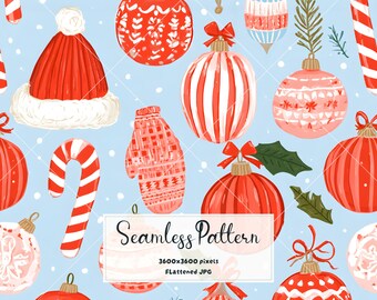 Watercolor Christmas Ornament Seamless Pattern | Holiday Fabric & Wallpaper Print | Candy Cane Digital Paper JPG