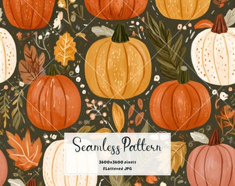 Watercolor Pumpkin Seamless Pattern | Autumn Harvest Fabric & Wallpaper Print | Fall Pumpkin Digital Scrapbook Paper JPG