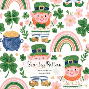 May include: A seamless pattern featuring leprechauns in green hats, rainbows, four-leaf clovers, pink flowers, and a blue pot of gold coins. The image includes the text Seamless Pattern 3600x3600 pixels Flattened JPG in a central white box.