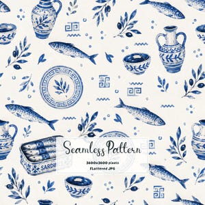 Blue Sardine Watercolor Seamless Pattern | Mediterranean Coastal Fabric Print (Digital Download)