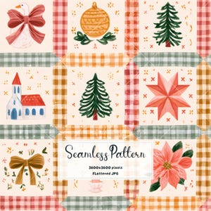 May include: A seamless pattern featuring a grid of squares with Christmas motifs including a goose with a red bow, a gold ornament, pine trees, a church, a red star, and a poinsettia, separated by red, green, and orange gingham borders.