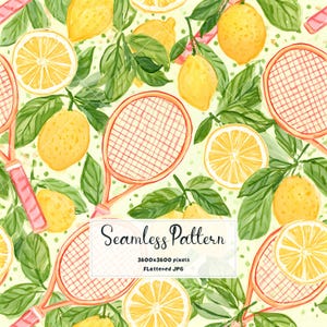 May include: A seamless pattern featuring yellow lemons, green leaves, and orange tennis rackets on a light yellow background. A central white rectangular label displays the text Seamless Pattern 3600x3600 pixels Flattened JPG.