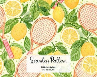 Watercolor Lemon Tennis Seamless Pattern | Lemon Fabric Print | Tennis Wallpaper Print | Summer Digital Paper JPG