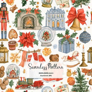 May include: A seamless pattern featuring watercolour Christmas illustrations including a nutcracker, fireplace, snow globes, a bell with a red bow, a rocking horse, a train, and holiday greenery. The text reads Seamless Pattern 3600x3600 pixels.