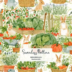 Puede incluir: Un patrón continuo con ilustraciones en acuarela de conejos marrones en un huerto con coles, zanahorias, calabazas y cestas. El diseño incluye el texto Seamless Pattern 3600x3600 pixels Flattened JPG.