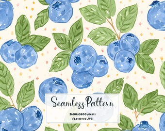 Blueberry Seamless Pattern | Watercolor Berry Print Fabric & Wallpaper | Berries Digital Paper JPG