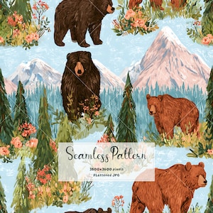 May include: A seamless pattern featuring brown bears, evergreen trees, and pink floral bushes set against a light blue background with mountain peaks. The text reads Seamless Pattern 3600x3600 pixels Flattened JPG.